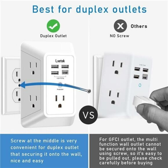 5 Outlet Extender Multi Plug Wall Outlets with 4 USB Charging Ports 1 USB C Out - Picture 6 of 8